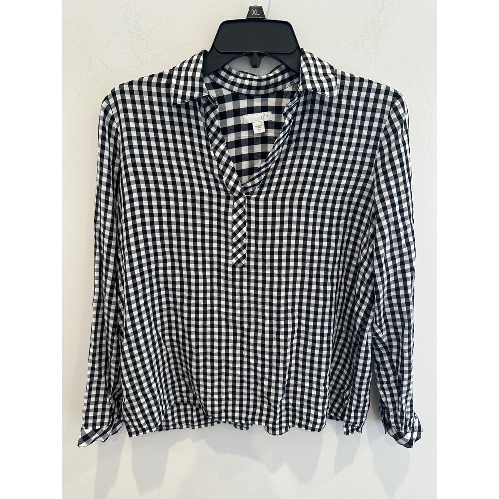 J. Jill Black White Gingham Plaid Rayon Split Neck Tunic Blouse XS